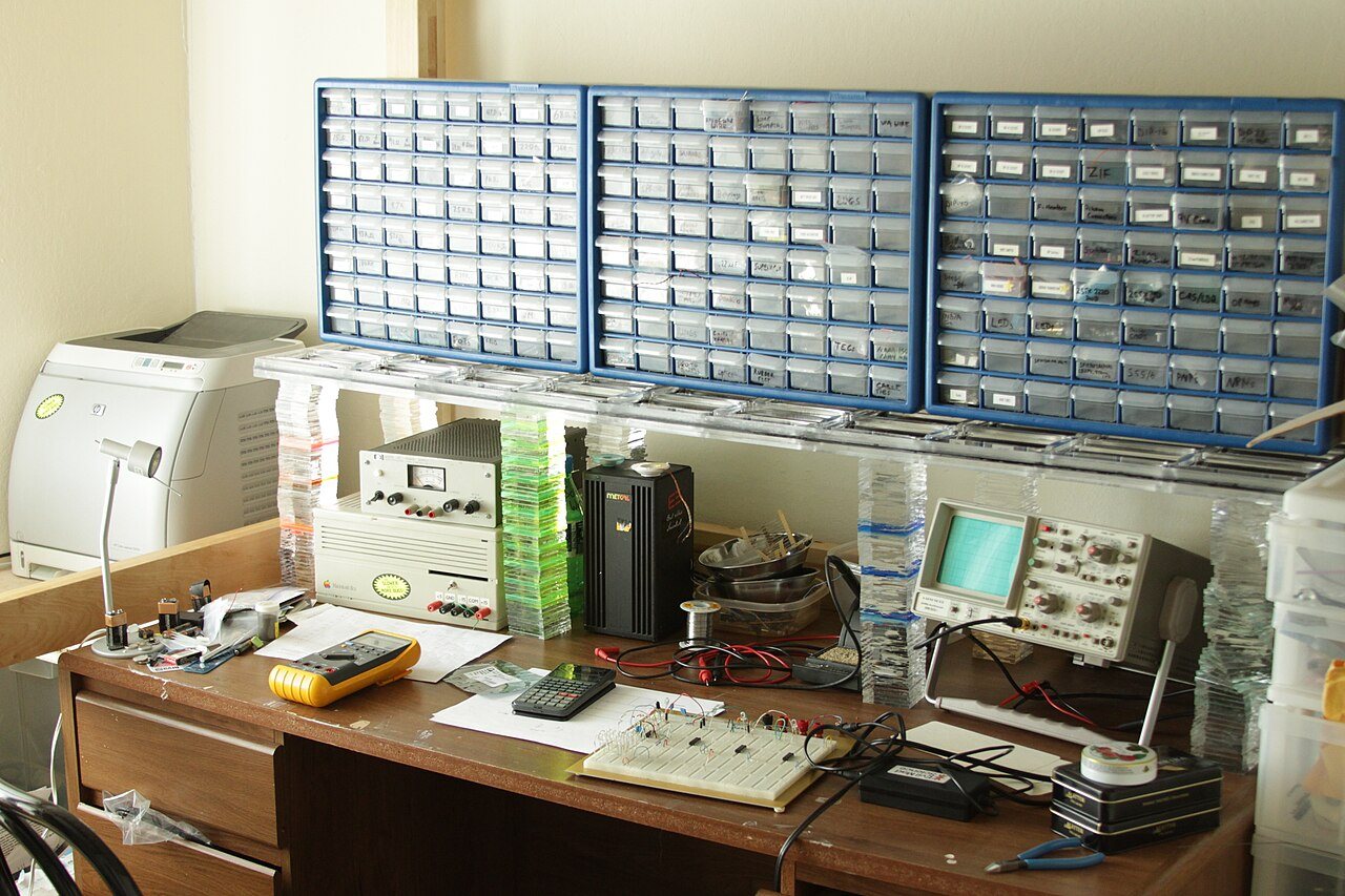 Small parts drawers filled with screws, bolts and printed components